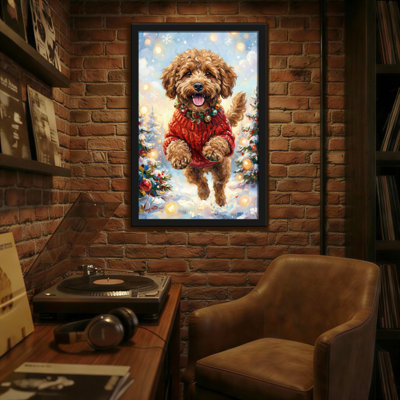 Animals Christmas Dog In Red Sweater Snowy Scene