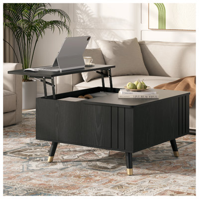 32" Square Lift-Top Coffee Table with Storage, Mid-Century Modern Coffee Table with Hidden Compartment for Living Room or Home Office, Black