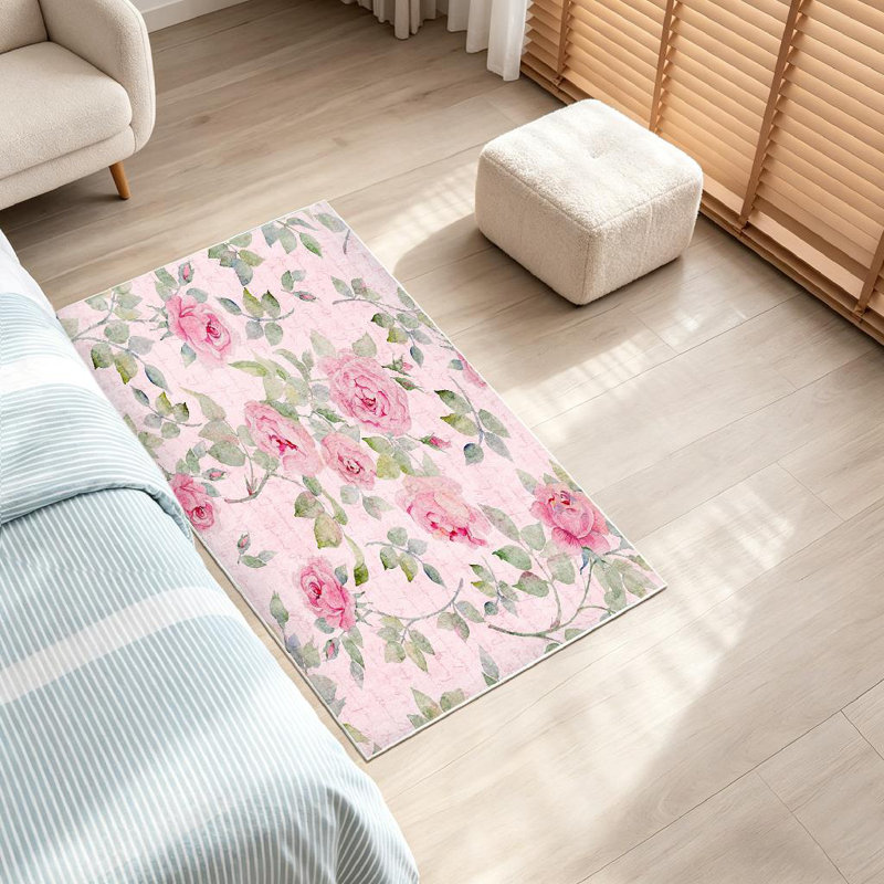 Pink Colorful Vintage Floral Ornament Rose Watercolor Seamless English Machine Washable Indoor Area Rug, Rectangle 32" x 47"