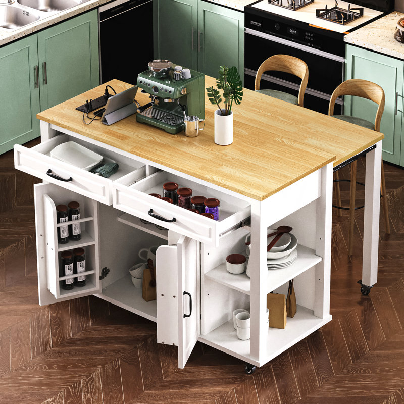 Îlot de cuisine de 47 po avec table de salle à manger extensible, table de cuisine en placage de bois d'hévéa avec support de rangement interne, prise de courant, îlot de cuisine avec rangement 2 tiroirs et 2 armoires