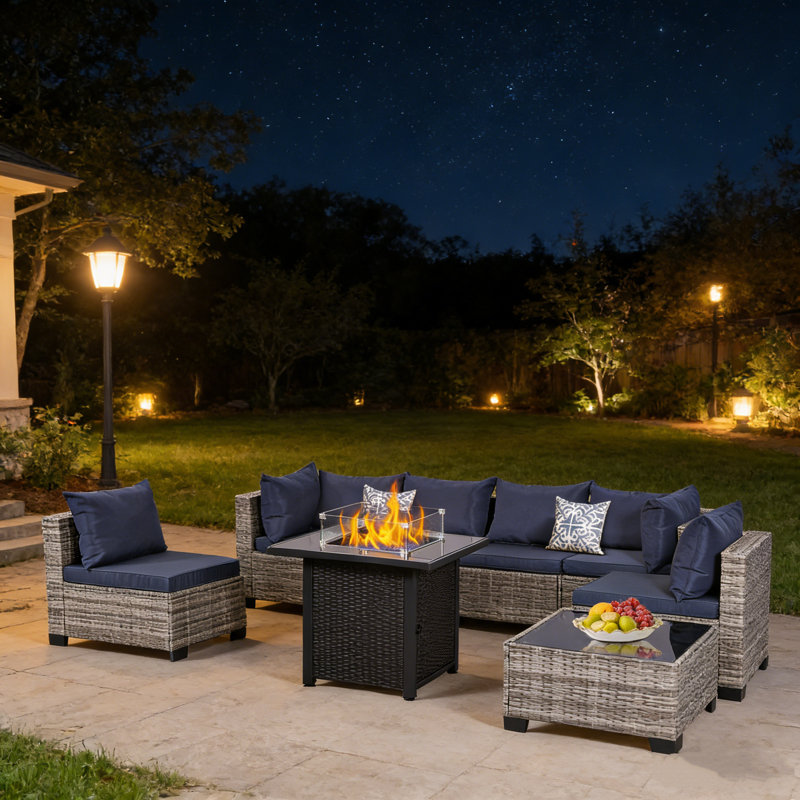 8 Piece Patio Conversation Sets With Fire Pit Table, Grey,  Navy