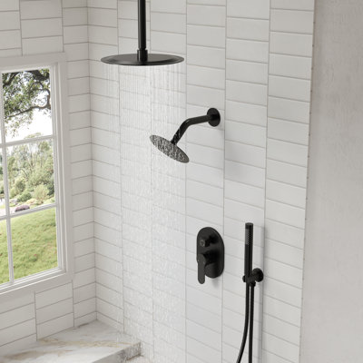 Ceiling Mount High-Pressure Rainfall Shower Faucet, Dual Showerheads System with Rough-in Valve, Handheld Shower