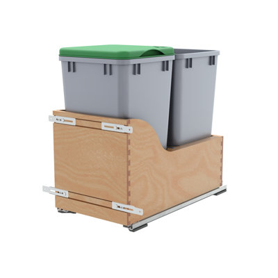 Double argent métallique 27 pte Poubelle escamotable en érable avec fermeture en douceur et (1) couvercle pour armoires de base de 15 po