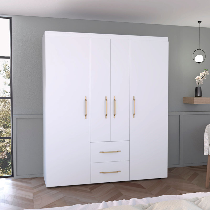 Garde-robe, rangement multi-sections avec tringles de suspension, tablettes et 2 tiroirs, Blanc