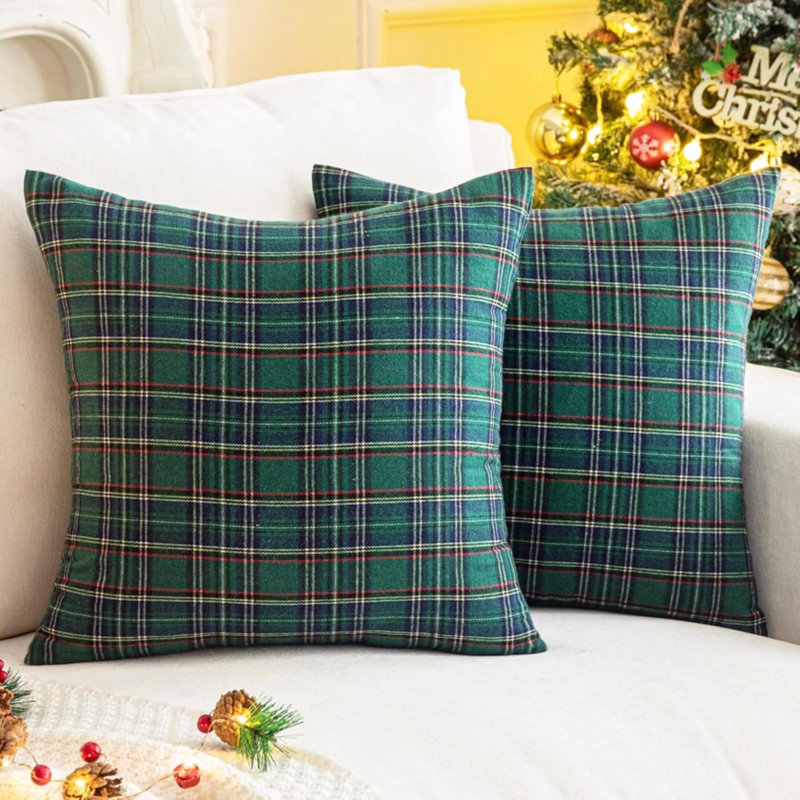 Paquet de 2 housses de coussin décoratives à carreaux écossais en tartan pour Noël, H 18 po x l 18 po, Tissu écossais vert
