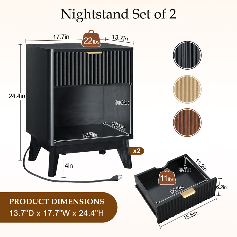 Ensemble de 2 tables de chevet noires avec station de charge, ensemble de tables de chevet en bois avec tiroir et tablette ouverte pour la chambre à coucher