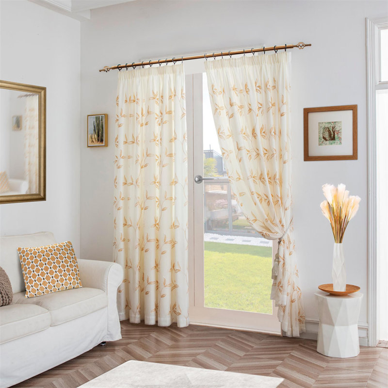 Zapata Leaf Embroidered Voile Curtains Pencil Pleat Pair, 147cm Width x 137cm Drop, Gold
