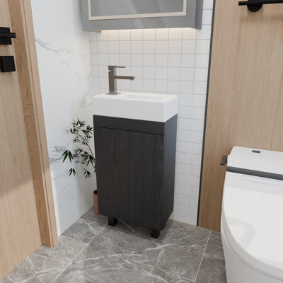 Meuble-lavabo de salle de bain 16 po pour petits espaces, armoire de salle de bain autoportante avec lavabo en céramique encastré, portes de meuble-lavabo de rangement modernes à fermeture en douceur