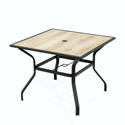 Outdoor Patio Dining Table Square Metal Table With Umbrella Hole And Wood-Look Tabletop For Porch,Garden,Backyard,Balcony(1 Table)