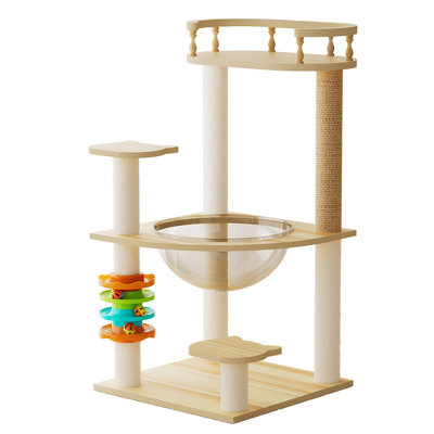 Arbre à chat moderne en bois de 82 cm (32,2 po) pour chats d'intérieur, avec poteaux à griffer en sisal, perchoir supérieur, hamac en acrylique et jouets interactifs, finition bois naturel et blanche.