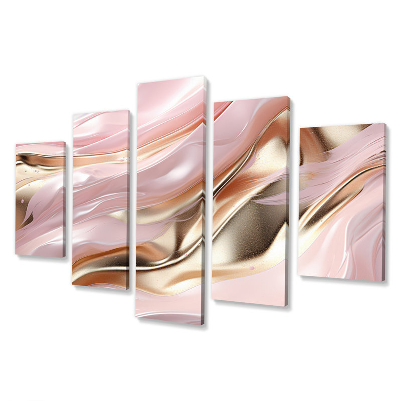 Art liquide dans le mouvement en or rose II - formes abstraites, art mural, salon - 5 panneaux