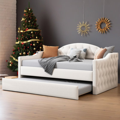 Twin Size Tufted Upholstered Daybed with Trundle - Velvet Sofa Bed with USB Charging Ports