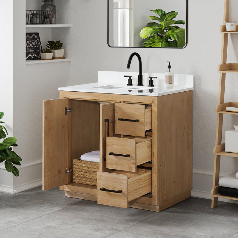 Jareth 48'' Natural Wood Single Bathroom Vanity with White Stone Top
