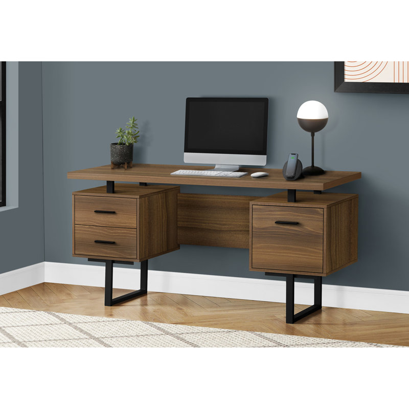 60 po l Table d'étude en noyer stratifié - Style contemporain, base en métal noir, bureau moderne à 2 tiroirs en stratifié d'ordinateur, métal, rangement