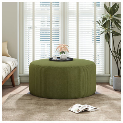 Round Corduroy Ottoman Footrest & Extra Seating, Olive Green Upholstered Pouffe for Living Room, Modern Plywood Base