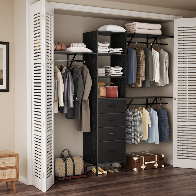Adjustable Wooden Closet System Up to 96"W with Storage & Drawers, Black