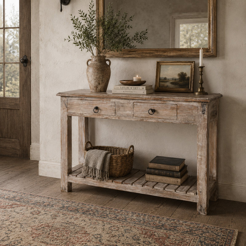 Console Duplin - Bois de manguier vieilli délavé blanc avec tablette inférieure (48 po) 