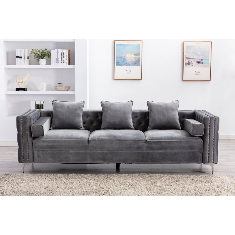 Oyler 104" Velvet Tuxedo Arm Sofa, Gray