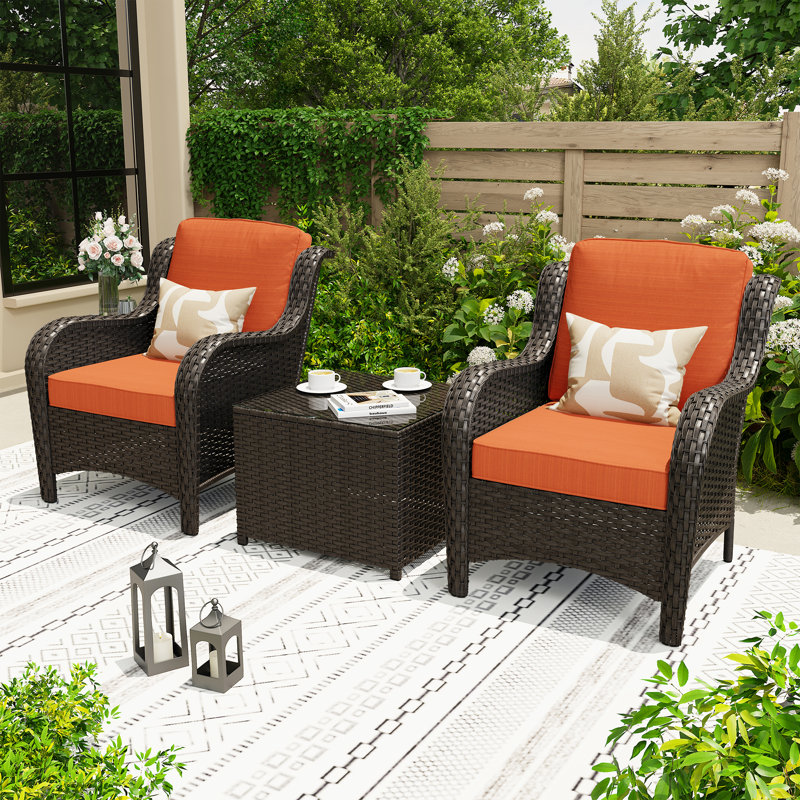 Wicker/Rattan 2 - Person Seating Group With Cushions, Brown Frame/Orange Red Cushion