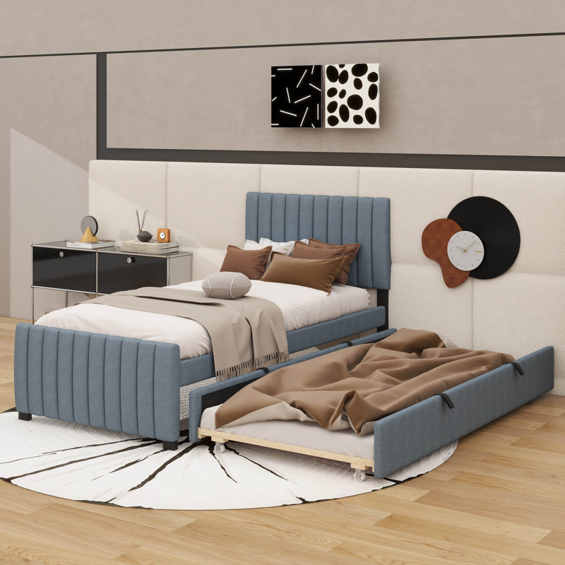 Lit plateforme simple avec revêtement en velours de luxe et lit gigogne compact, Gris