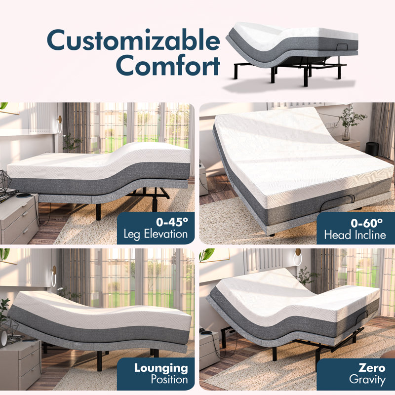 Adjustable Bed Frame With 14 Inch Mattress Includes Electric Massage For Better Sleep & Comfort - Wireless Remote & Usb Ports, Dual Massagers