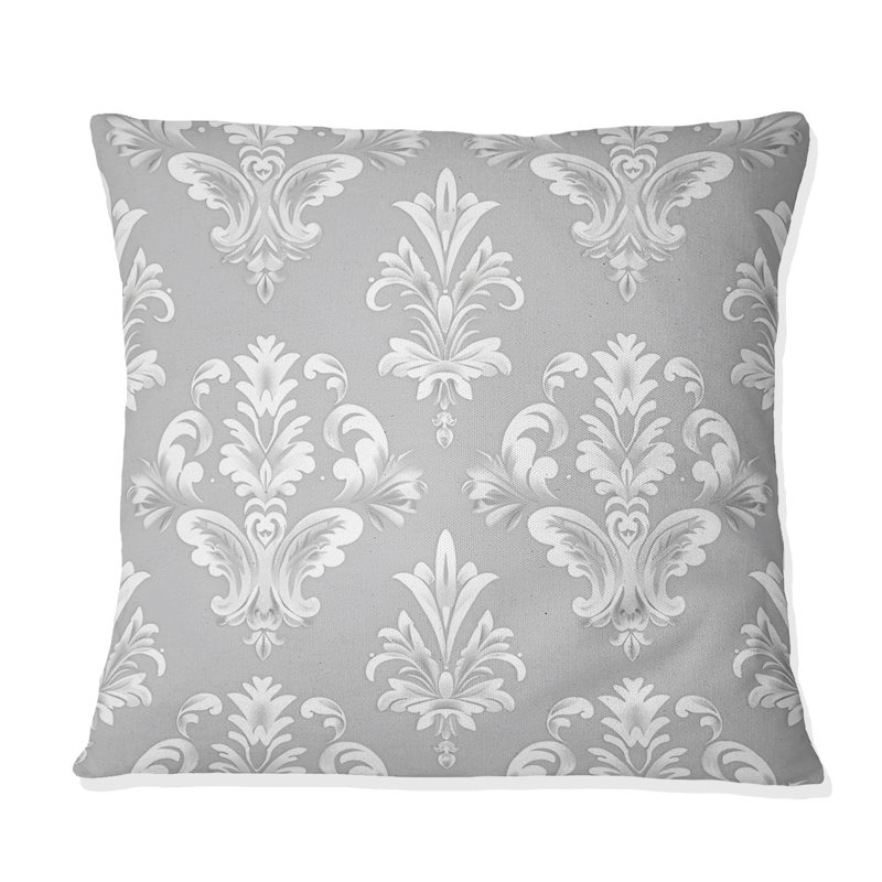 Motif damassé moderne gris et blanc - Coussin décoratif moderne, H 18 po x l 18 po