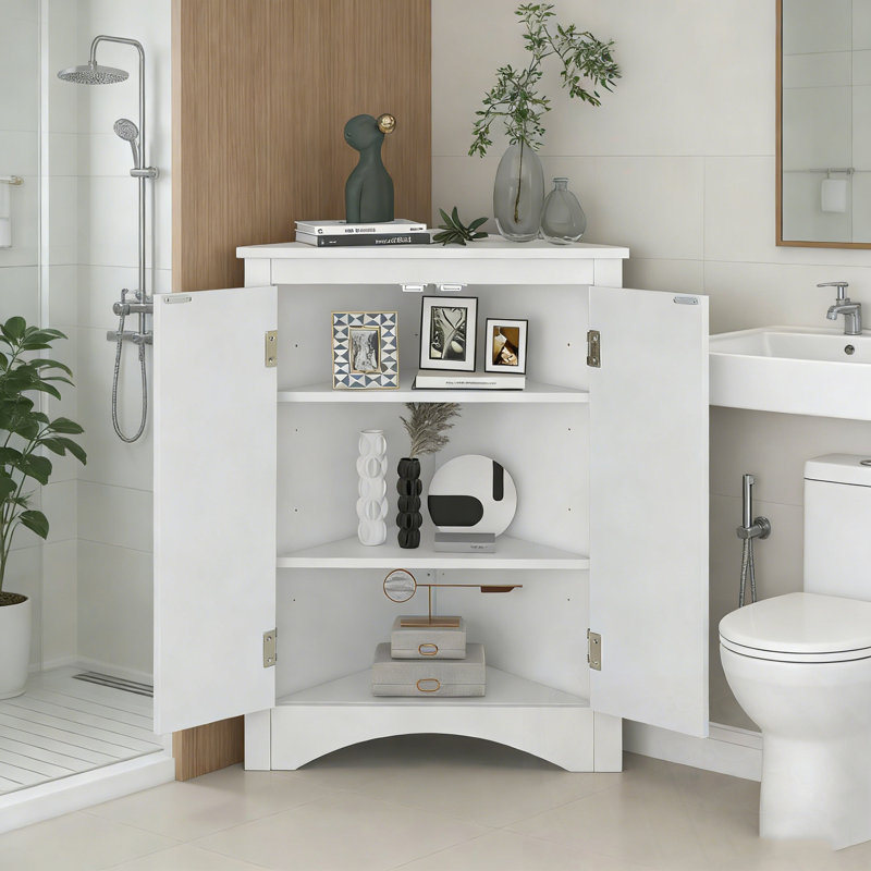 Armoire de rangement de coin salle de bain avec 2 portes et tablettes réglables, Blanc