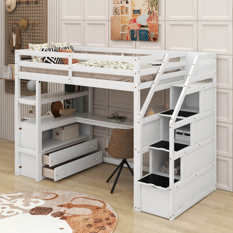 Twin Size Loft Bed With Desk And Shelves, Twin, White
