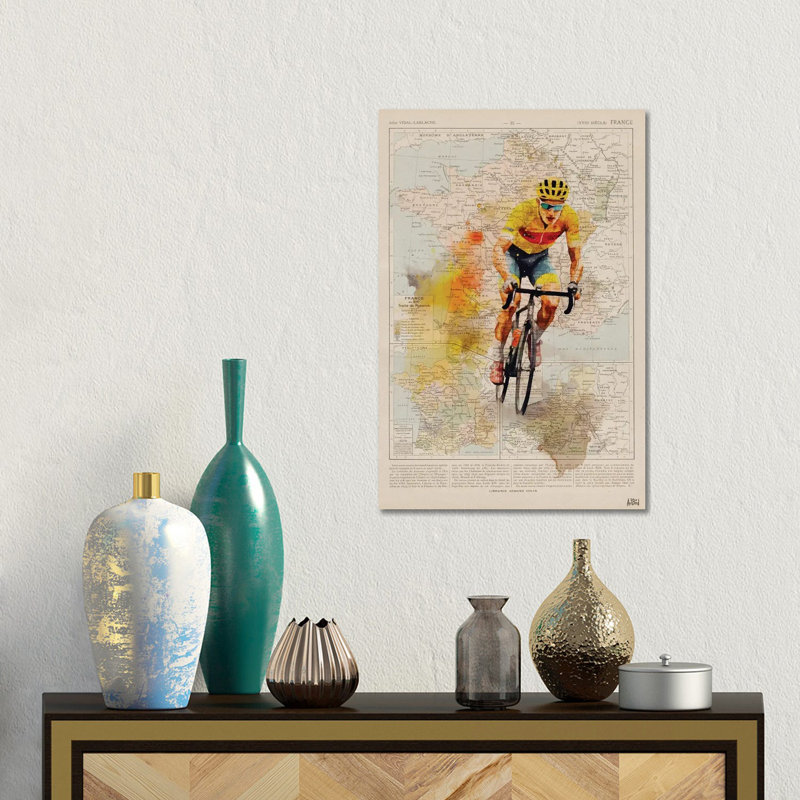 Tour de France, aquarelle, H 18 po x l 12 po x P 1,5 po, Pas de tapis, Toile tendue