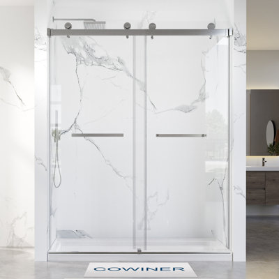 Porte de douche coulissante double sans cadre de 66 à 72 po x H 76 po en nickel brossé avec verre trempé transparent de 8 10 mm 3/ 3/8 po