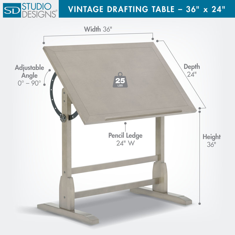 Gumesindo Solid Wood Top Drafting Table, 36" H x 36" W x 24" D, Coastal Whitewash