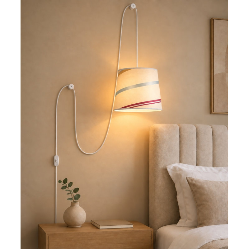 Suspension à brancher 1 lumière, abat-jour cylindrique Juliette rayé en soie brute de 35,5 cm (14 po), cordon blanc de 5,2 m (17 pi)