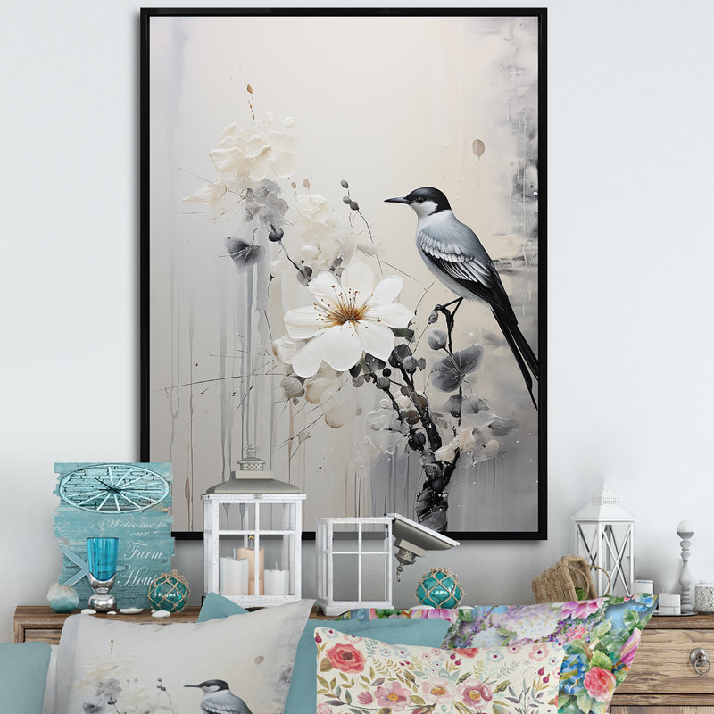Minimalisme, oiseaux du paradis V sur toile, Cadre flottant noir, H 20 po x l 12 po