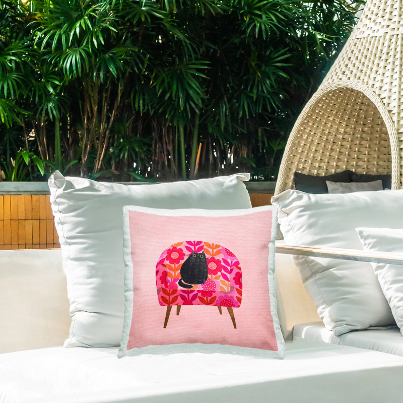 on Retro Floral Chair Outdoor Printed Pillow design by Angie Rozelaar, Pink/Black Cat
