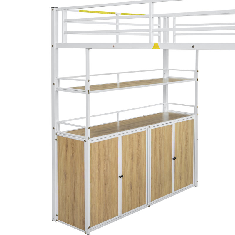 Full Size Metal Loft Bed with Storage Staircase and Wardrobe,Shelves and Lockers, White