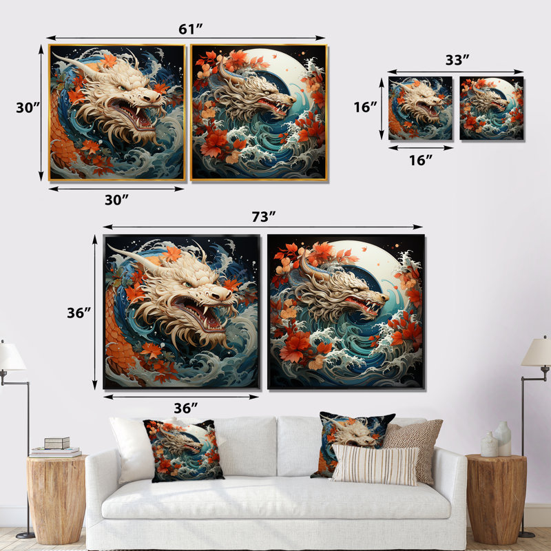 Vague de dragon japonais au large de Kanagawa I - ensemble de 2 reproductions d'art sur toile, Cadre flottant blanc