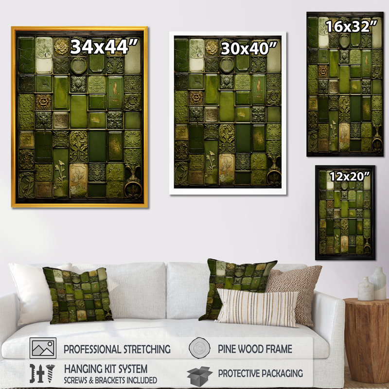 Green Stones Tiles I - Art mural abstrait, Cadre photo noir simple, H 44 po x l 34 po x P 1,5 po