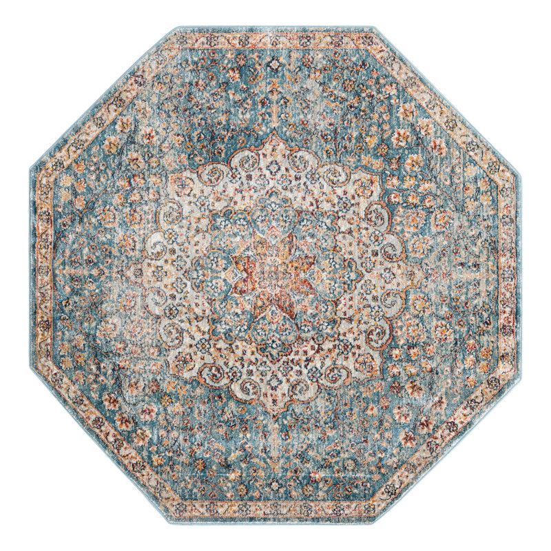 Tapis oriental bleu / rouille / ivoire Kaleigh, Octogone 4 pi x 4 pi