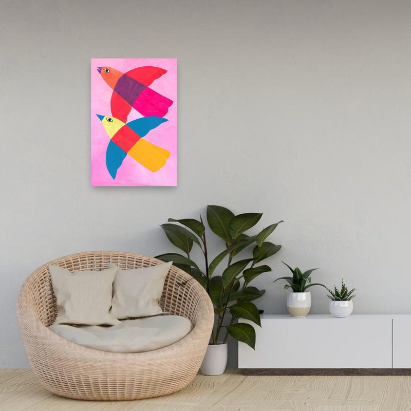 «Vibrant Flying Birds», art géométrique abstrait coloré, 24" H x 16" W