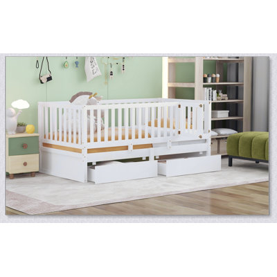 Wood Daybed With Fence Guardrails And 2 Drawers, Split Into Independent Floor Bed by Ophelia & Co.