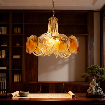 8-light Dimmable Amber Glass Chandelier