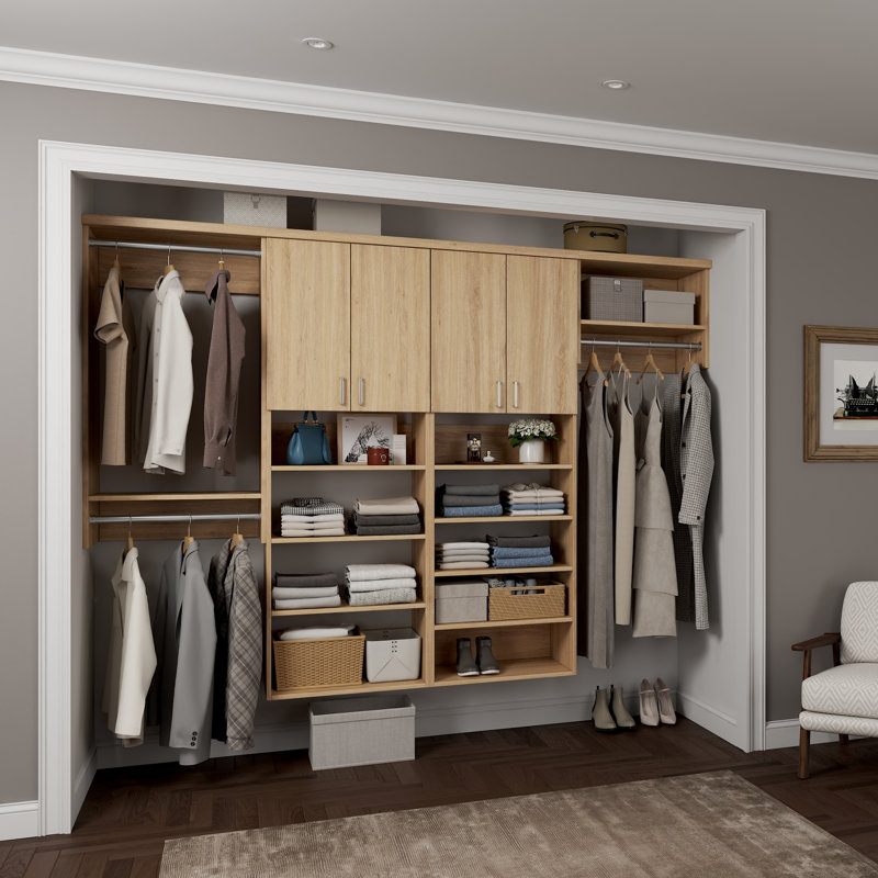 Natural Oak 108" Wall-Mounted Single Wall Closet System with 4 Sections, Slab Doors, 3 Clothing Rods & 15 Shelves, 108