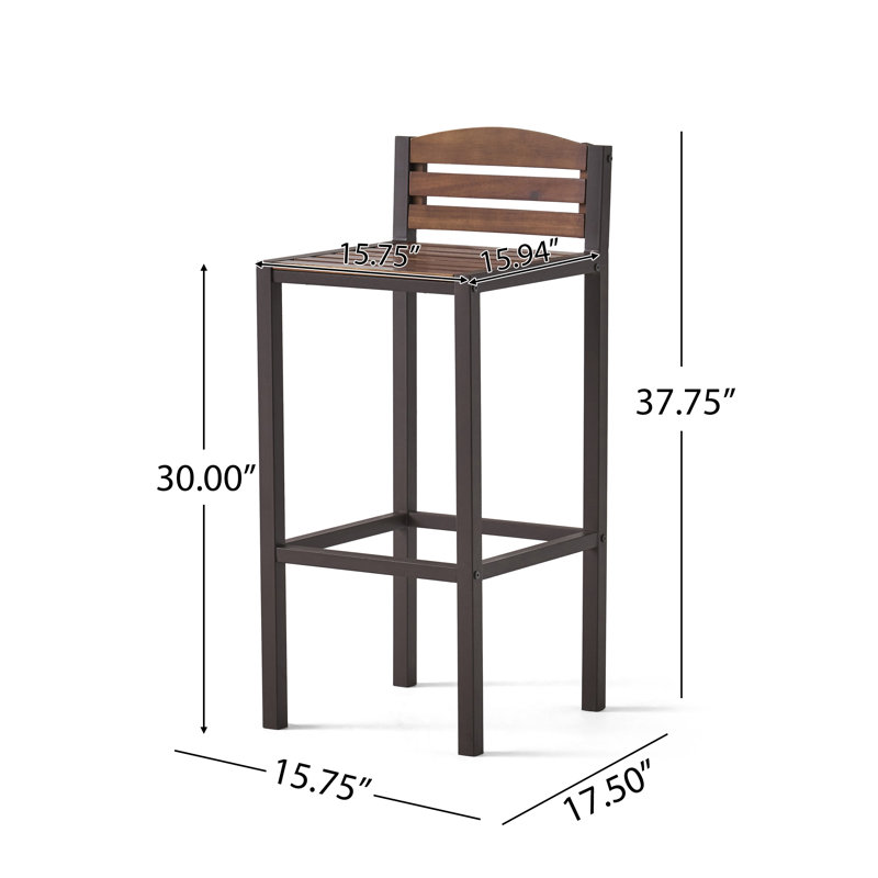 Set of 2 Outdoor Acacia Wood Bar Stools with Metal Frame - Industrial Style Counter Height Stools