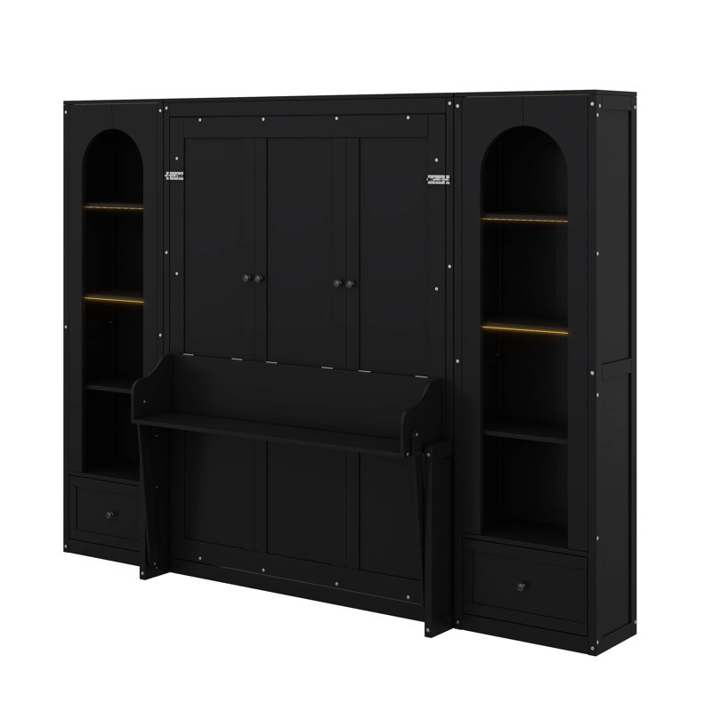 Grand lit plateforme escamotable avec tablette, armoires latérales, tiroirs et DEL, Noir