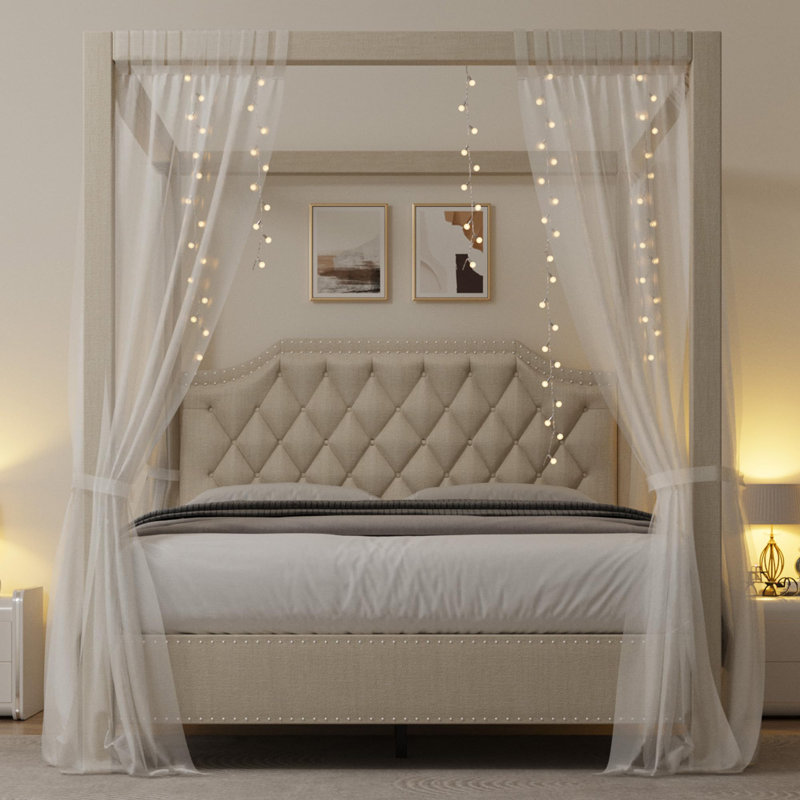 Queen Canopy Bed Frame with Nailhead Headboard, Upholstered with Poles & 4 Corner Brackets, Beige, Queen