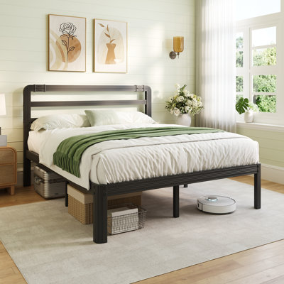 Kynnleigh 18-Inch Cal King Size Black Metal Platform Bed with Modern Headboard, Heavy-Duty Steel Support, Underbed Storage, No Box Spring Needed