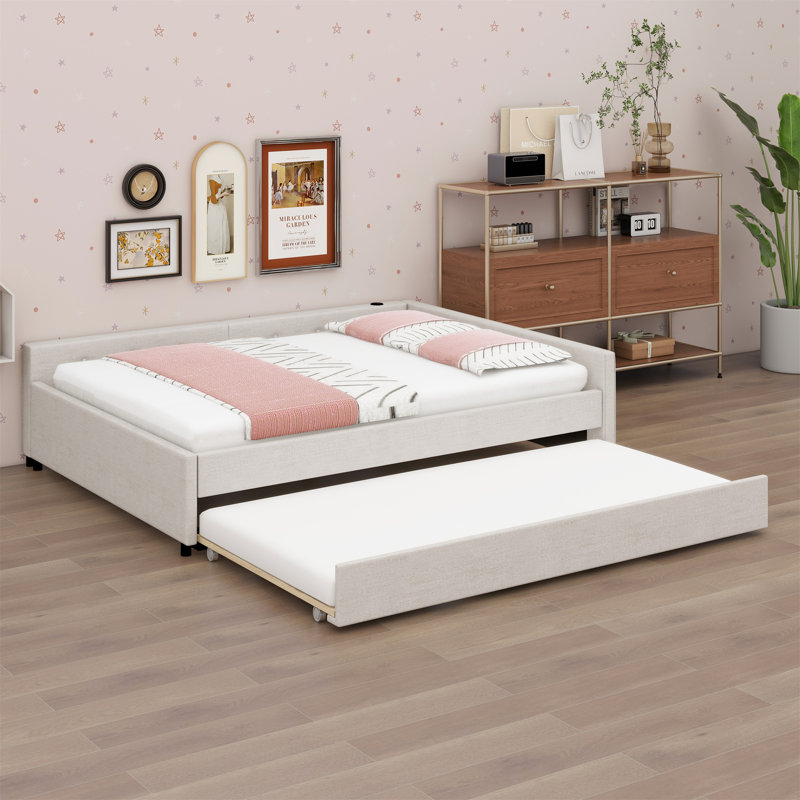 Lit plateforme tapissier avec port USB et gigogne, Grand lit