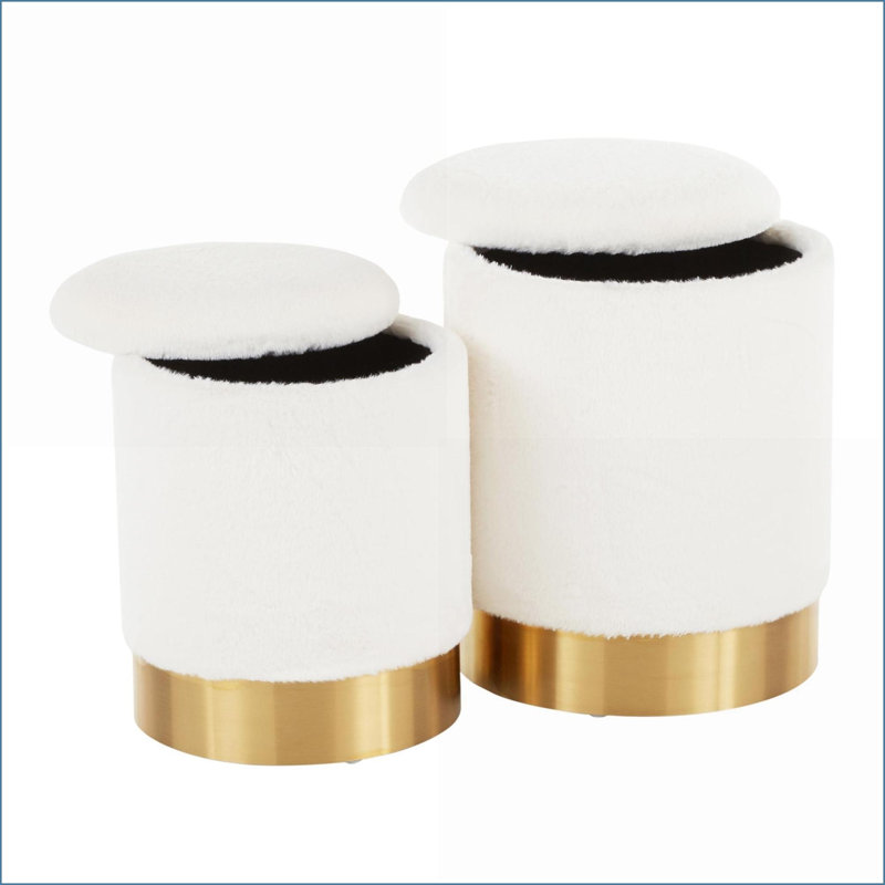 Nesting Ottomans Set of 2, Contemporary Cream Plush with Gold Metal Base | Gold | Metal, Cream