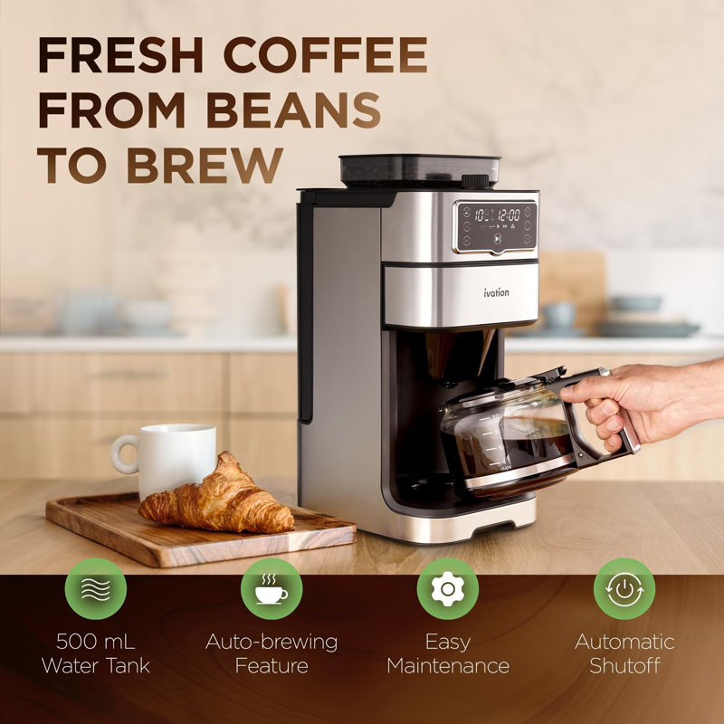 Cafetière et moulin d'égouttement Ivation 2-en-1 - Infusion et minuterie automatique programmable - Plaque chauffante - 10 tasses - Panier-filtre réutilisable - Réservoir d'eau 1,5L - 1000W - Pause and Verser
