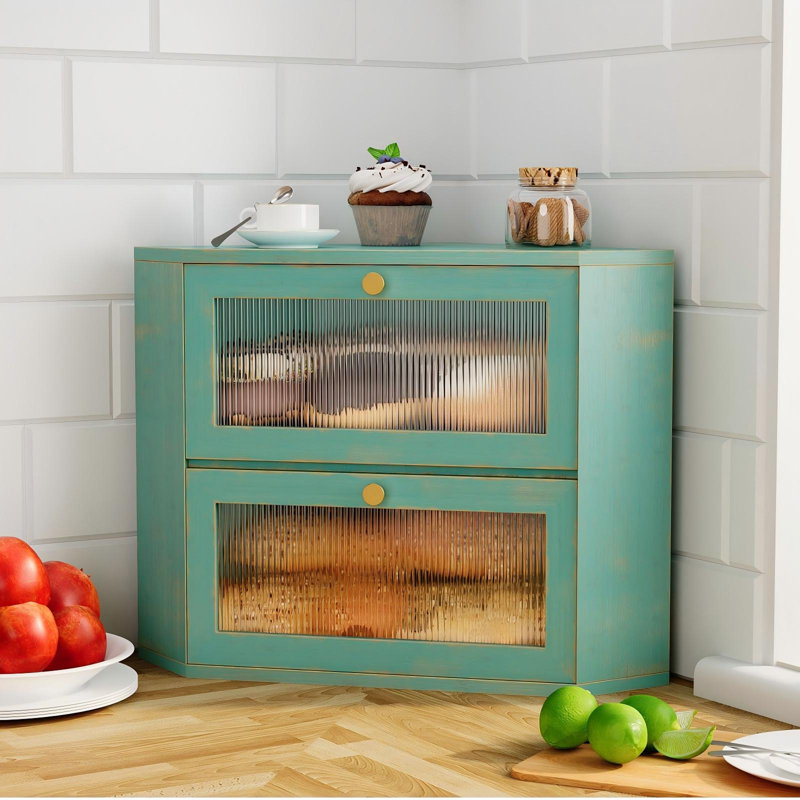 Boîte à pain de coin en bambou pour la cuisine, rangement de pain à double couche de comptoir, rangement pour pain de grande capacité, bac avec porte transparente en acrylique ondulé (bleu antique)